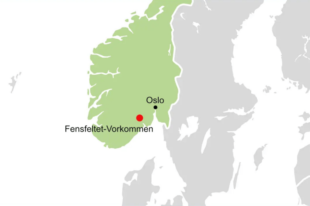 Karte von Südnorwegen mit markiertem Fensfeltet-Vorkommen westlich von Oslo